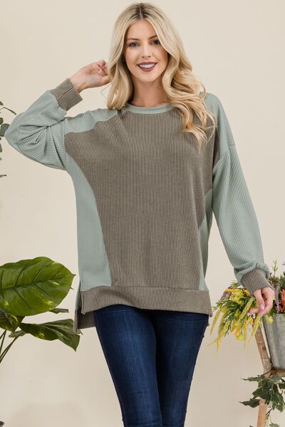 Celeste Full Size High-Low Contrast Round Neck Sweatshirt Hoodies & Sweaters