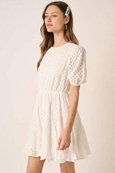 Mittoshop Eyelet Round Neck Puff Sleeve Mini Dress Casual Dresses