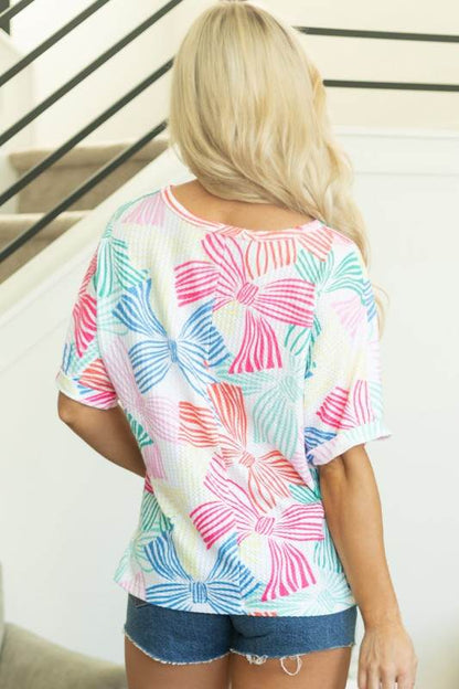 Kaeli Bowknot Waffle Crewneck Loose Short Sleeve T - Shop Style & More | Fresh Looks, Everyday Deals & Free Shipping