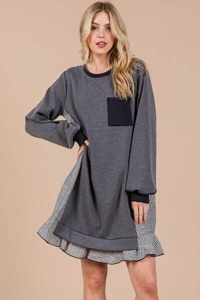 Ces Femme Striped Patchwork Round Neck Terry Sweatshirt Dress - Shop Style & More | Fresh Looks, Everyday Deals & Free Shipping