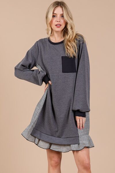 Ces Femme Striped Patchwork Round Neck Terry Sweatshirt Dress Charcoal Casual Dresses