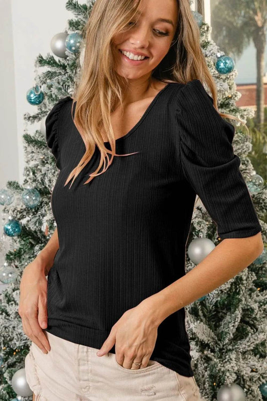 BiBi Verigated Rib Knit Puff Sleeves Shorts Top - Shop Style & More | Fresh Looks, Everyday Deals & Free Shipping