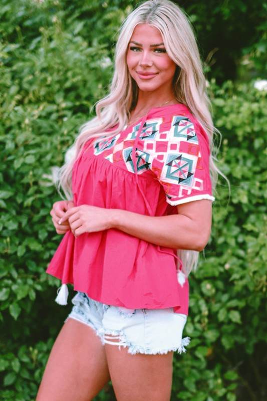 Zayla Embroidered Tassel Tie V Neck Blouse - Shop Style & More | Fresh Looks, Everyday Deals & Free Shipping