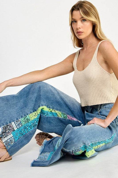 SAGE + FIG Raw Hem Paisley Print Side Wide Leg Jeans - Shop Style & More | Fresh Looks, Everyday Deals & Free Shipping
