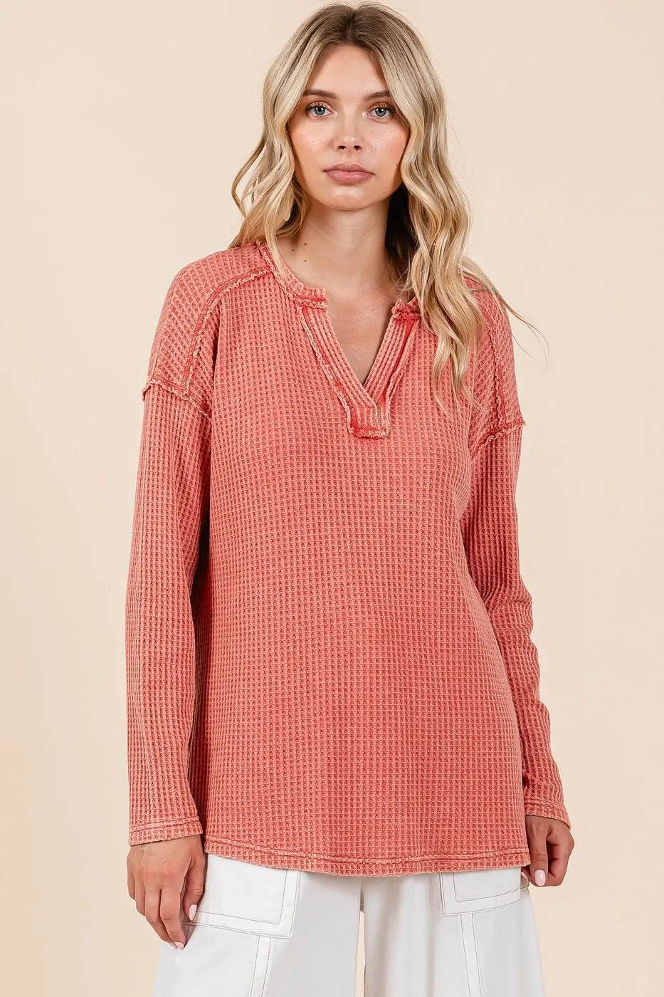 Mittoshop Mineral Wash Waffle Knit V-Neck Long Sleeve Top - Shop Style & More | Fresh Looks, Everyday Deals & Free Shipping