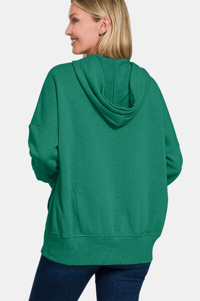 Zenana Half Snap Long Sleeve Hoodie with Kangaroo Pocket Hoodies & Sweaters