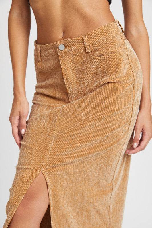 CORDUROY MID SKIRT WITH FRONT SLIT - Shop Style & More | Fresh Looks, Everyday Deals & Free Shipping