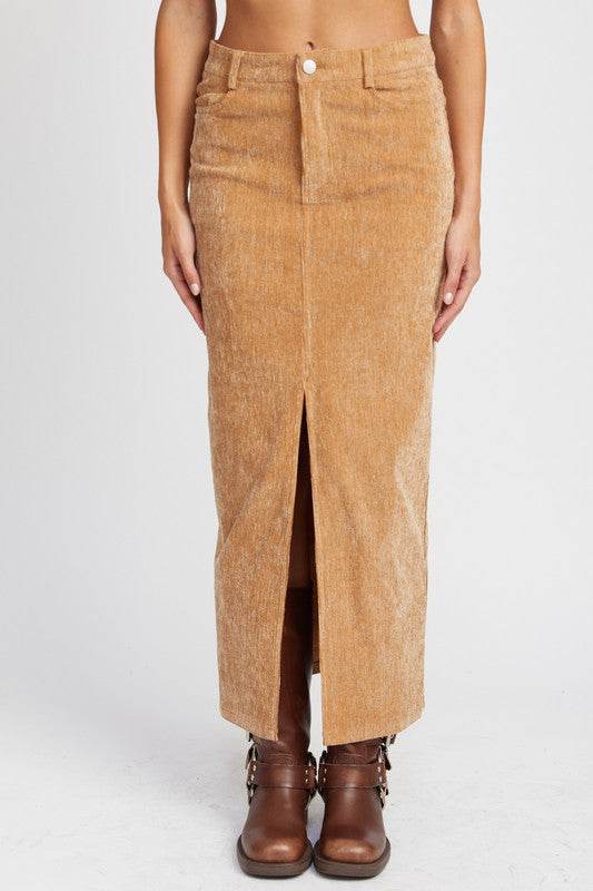 CORDUROY MID SKIRT WITH FRONT SLIT - Shop Style & More | Fresh Looks, Everyday Deals & Free Shipping