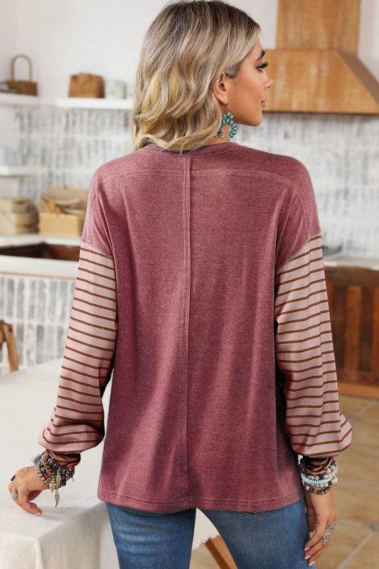 Colorblock Striped Bishop Sleeve Side Slits Top - Shop Style & More | Fresh Looks, Everyday Deals & Free Shipping