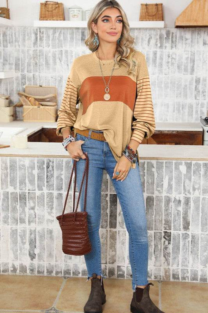 Colorblock Striped Bishop Sleeve Side Slits Top - Shop Style & More | Fresh Looks, Everyday Deals & Free Shipping