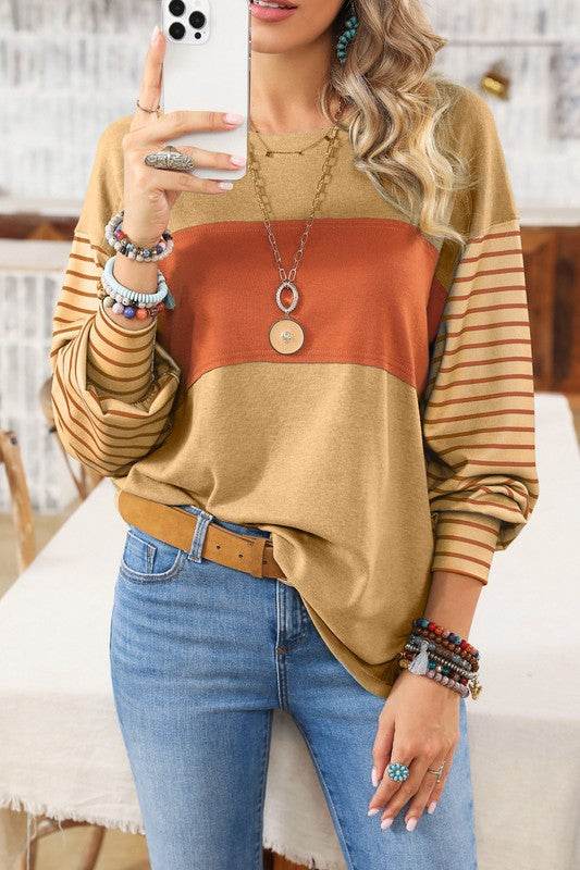 Colorblock Striped Bishop Sleeve Side Slits Top - Shop Style & More | Fresh Looks, Everyday Deals & Free Shipping