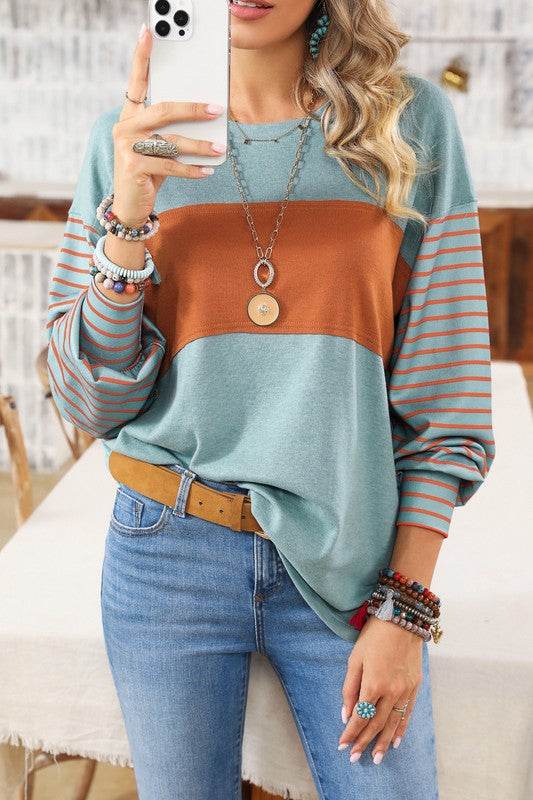 Colorblock Striped Bishop Sleeve Side Slits Top - Shop Style & More | Fresh Looks, Everyday Deals & Free Shipping