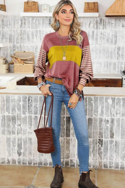 Colorblock Striped Bishop Sleeve Side Slits Top - Shop Style & More | Fresh Looks, Everyday Deals & Free Shipping
