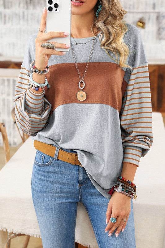Colorblock Striped Bishop Sleeve Side Slits Top - Shop Style & More | Fresh Looks, Everyday Deals & Free Shipping