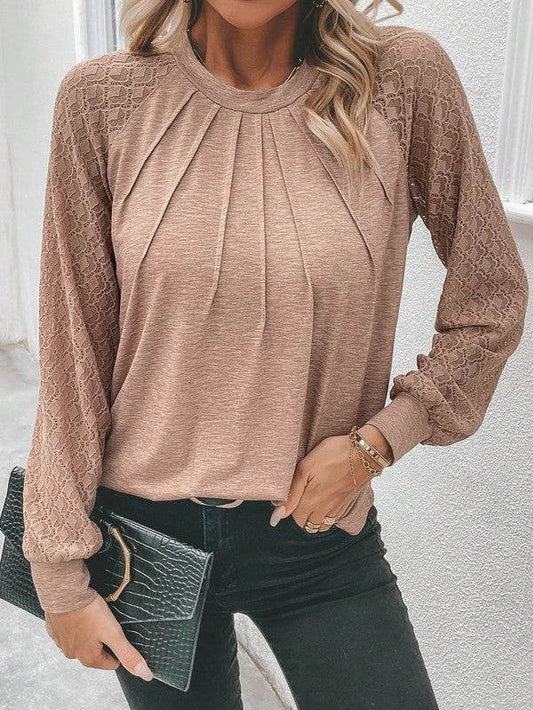 Contrast Lace Raglan Sleeve Plicated Top - Shop Style & More | Fresh Looks, Everyday Deals & Free Shipping