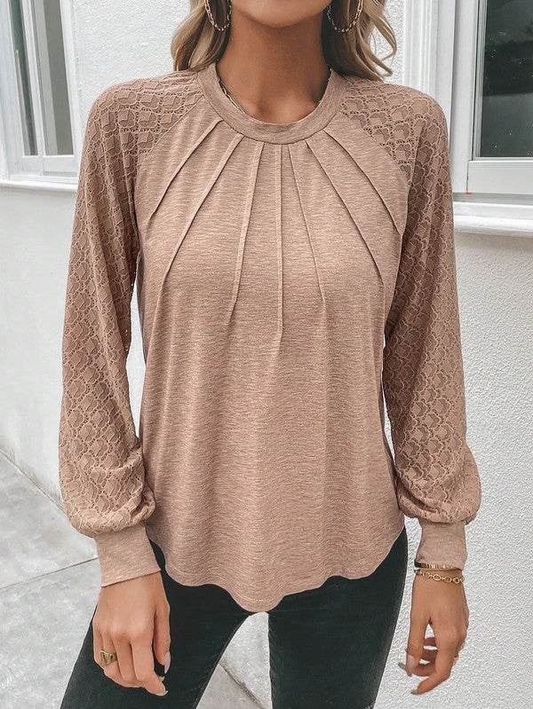 Contrast Lace Raglan Sleeve Plicated Top - Shop Style & More | Fresh Looks, Everyday Deals & Free Shipping
