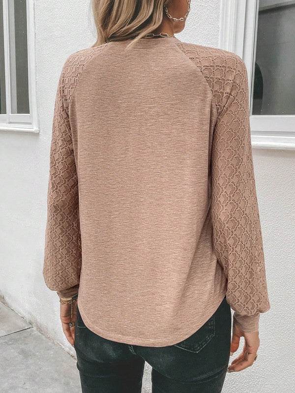 Contrast Lace Raglan Sleeve Plicated Top - Shop Style & More | Fresh Looks, Everyday Deals & Free Shipping
