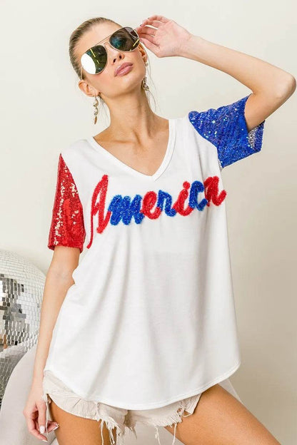 BiBi Metallic Letter V-neck Sequin Sleeves Top - Shop Style & More | Fresh Looks, Everyday Deals & Free Shipping