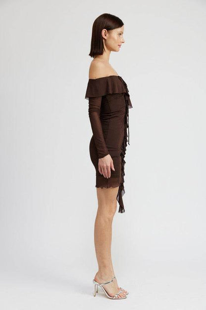 OFF SHOULDER MINI DRESS WITH RUFFLE DETAIL - Shop Style & More | Fresh Looks, Everyday Deals & Free Shipping
