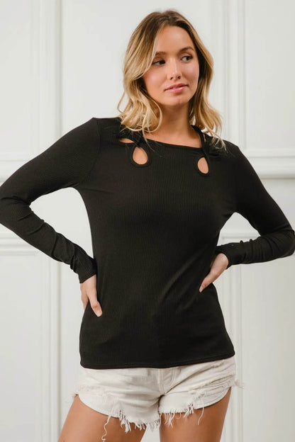 BiBi Rib Knit With Cut Out and Tied Neck Detailed Top - Shop Style & More | Fresh Looks, Everyday Deals & Free Shipping