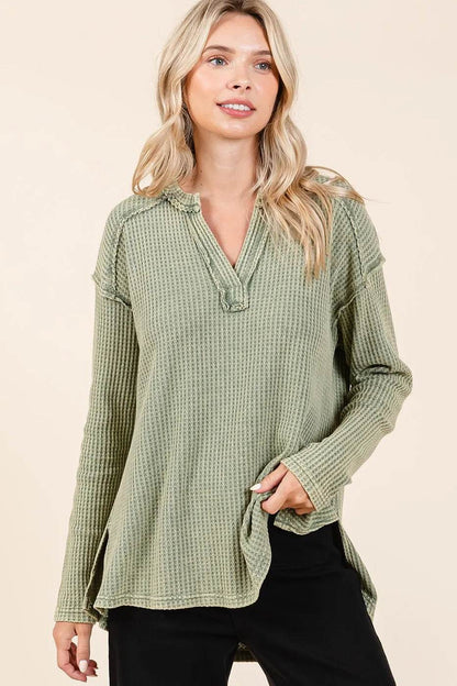 Mittoshop Mineral Wash Waffle Knit V-Neck Long Sleeve Top - Shop Style & More | Fresh Looks, Everyday Deals & Free Shipping