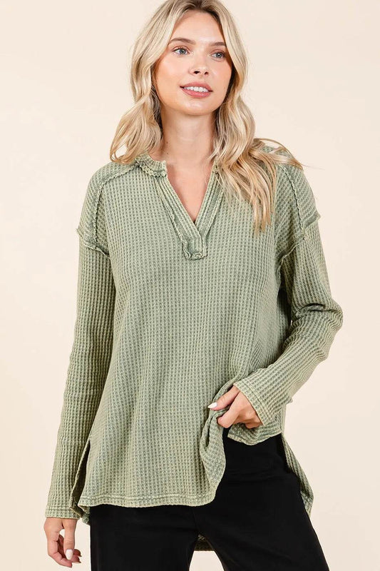 Mittoshop Mineral Wash Waffle Knit V-Neck Long Sleeve Top - Shop Style & More | Fresh Looks, Everyday Deals & Free Shipping