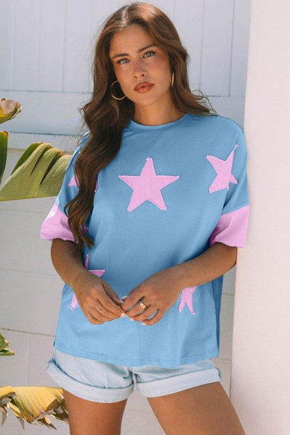 Etta Frayed Denim Star Patched Oversize Top - Shop Style & More | Fresh Looks, Everyday Deals & Free Shipping