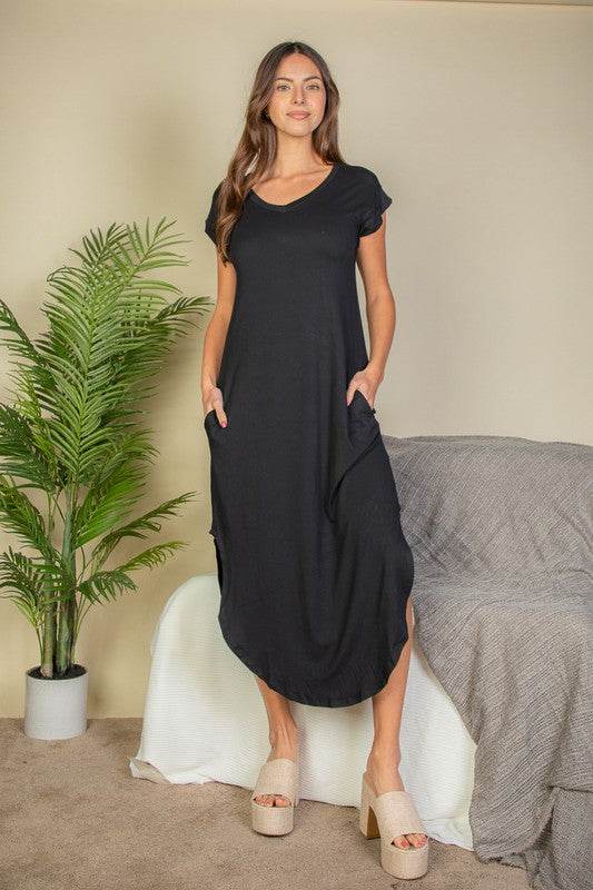 Hidden Pocket Batwing Sleeve V Neck Long Dress - Shop Style & More | Fresh Looks, Everyday Deals & Free Shipping