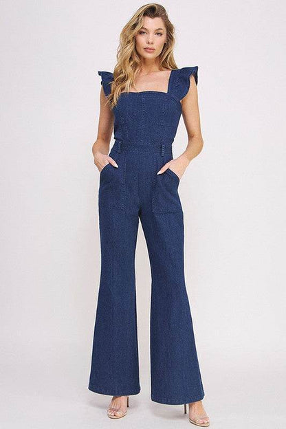 DENIM RUFFLE FLARE LEG JUMPSUIT - Shop Style & More | Fresh Looks, Everyday Deals & Free Shipping