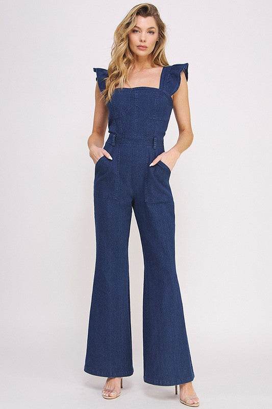 DENIM RUFFLE FLARE LEG JUMPSUIT - Shop Style & More | Fresh Looks, Everyday Deals & Free Shipping