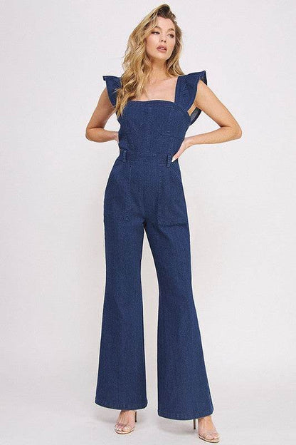 DENIM RUFFLE FLARE LEG JUMPSUIT - Shop Style & More | Fresh Looks, Everyday Deals & Free Shipping
