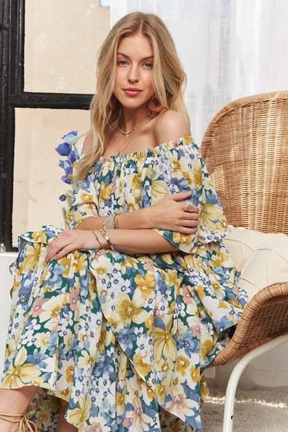 ADORA Layered Floral Off-Shoulder Short Sleeve Maxi Dress Casual Dresses