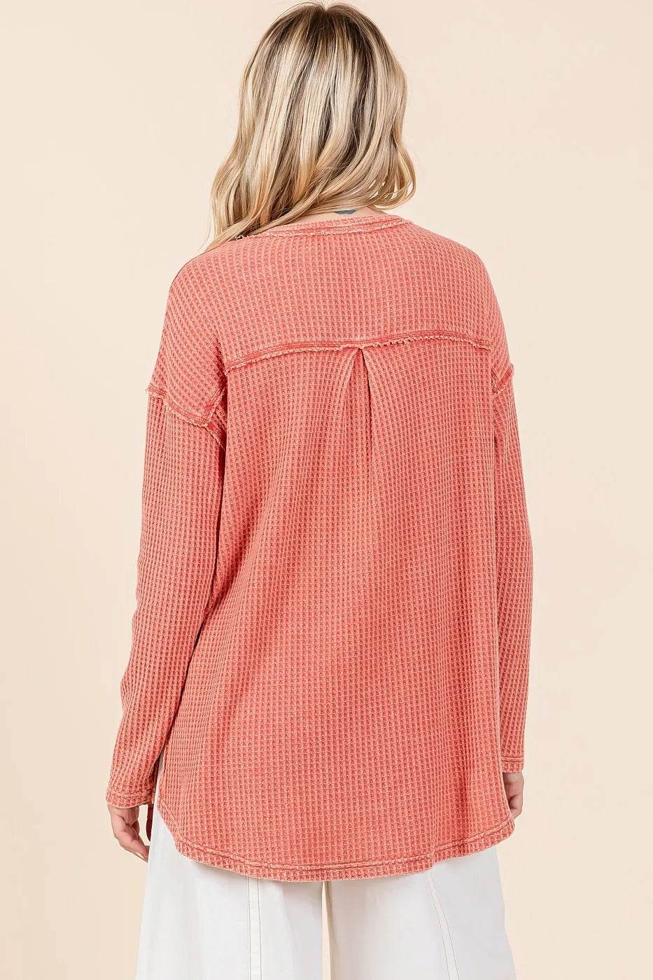 Mittoshop Mineral Wash Waffle Knit V-Neck Long Sleeve Top - Shop Style & More | Fresh Looks, Everyday Deals & Free Shipping