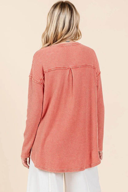 Mittoshop Mineral Wash Waffle Knit V-Neck Long Sleeve Top - Shop Style & More | Fresh Looks, Everyday Deals & Free Shipping