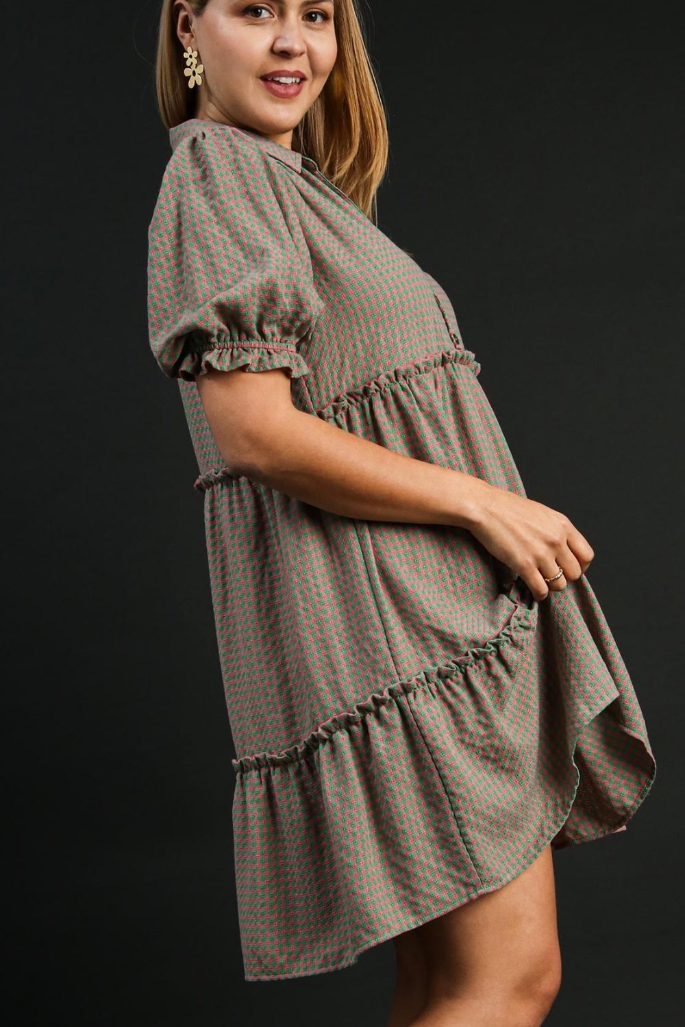 Umgee Full Size Plaid Frill Button Detail Ruffled Short Sleeve Dress Plus Size Casual Dresses