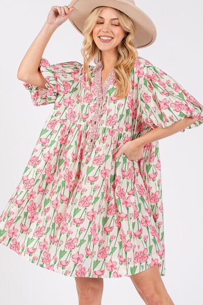 SAGE + FIG Floral Half Button Notched Puff Sleeve Dress Pink Casual Dresses