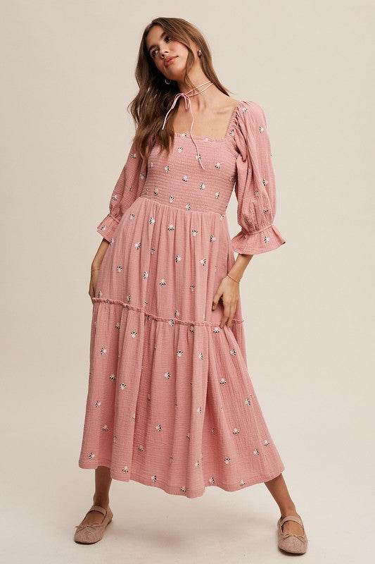 Ditzy Floral Embroidery Puff Sleeve Maxi Dress - Shop Style & More | Fresh Looks, Everyday Deals & Free Shipping