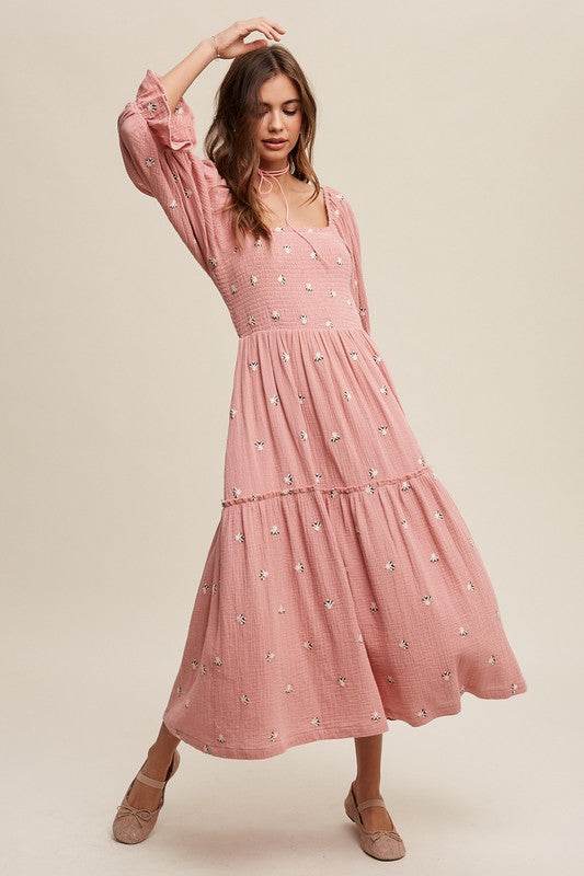 Ditzy Floral Embroidery Puff Sleeve Maxi Dress - Shop Style & More | Fresh Looks, Everyday Deals & Free Shipping