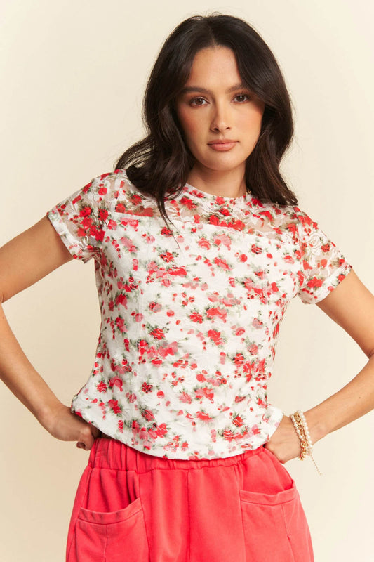 Davi & Dani Ribbon Short Sleeve Layered Mesh Top - Shop Style & More | Fresh Looks, Everyday Deals & Free Shipping