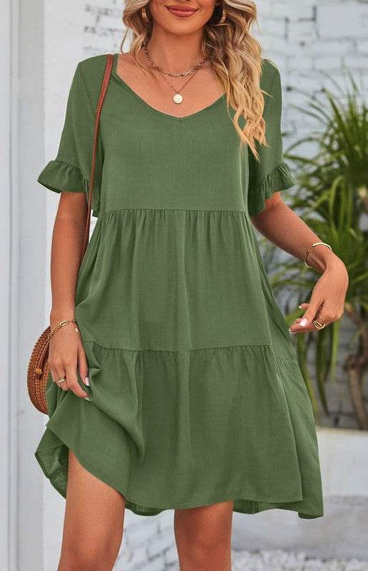 Solid Color V Neck Tiered Dress - Shop Style & More | Fresh Looks, Everyday Deals & Free Shipping