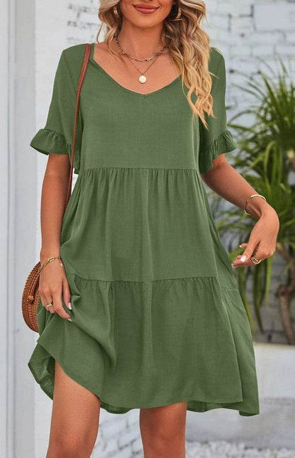 Solid Color V Neck Tiered Dress - Shop Style & More | Fresh Looks, Everyday Deals & Free Shipping