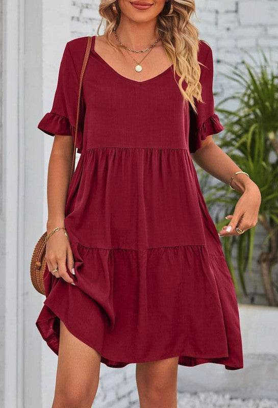 Solid Color V Neck Tiered Dress - Shop Style & More | Fresh Looks, Everyday Deals & Free Shipping