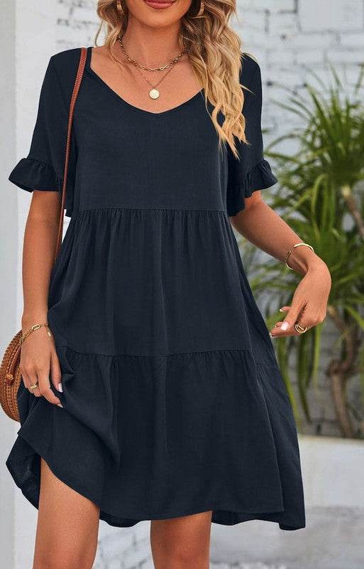 Solid Color V Neck Tiered Dress - Shop Style & More | Fresh Looks, Everyday Deals & Free Shipping