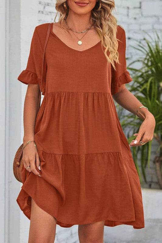 Solid Color V Neck Tiered Dress - Shop Style & More | Fresh Looks, Everyday Deals & Free Shipping