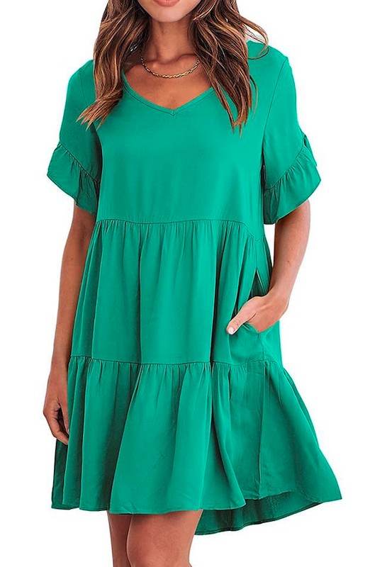 Solid Color V Neck Tiered Dress - Shop Style & More | Fresh Looks, Everyday Deals & Free Shipping