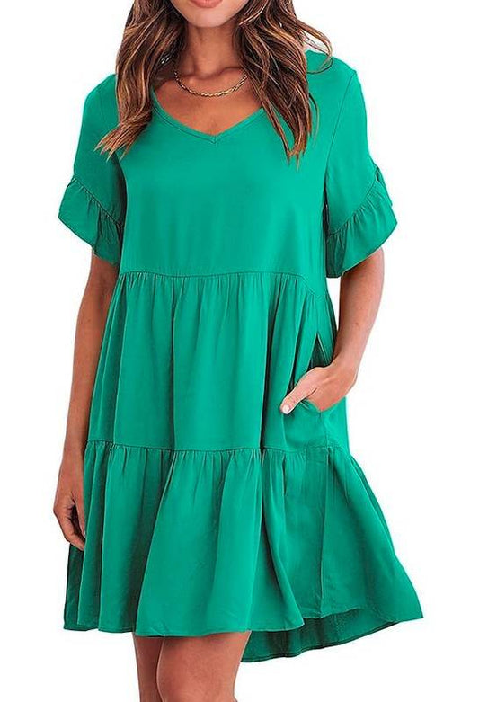 Solid Color V Neck Tiered Dress - Shop Style & More | Fresh Looks, Everyday Deals & Free Shipping