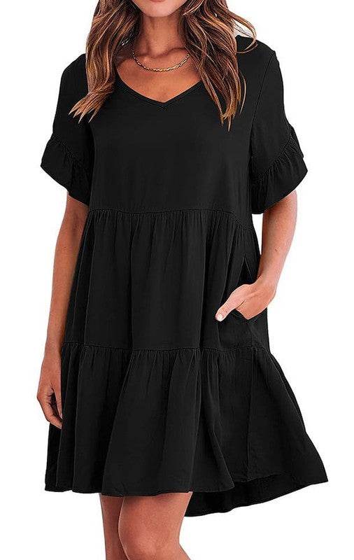 Solid Color V Neck Tiered Dress - Shop Style & More | Fresh Looks, Everyday Deals & Free Shipping
