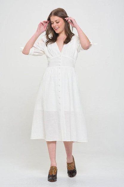 PLUS 3/4 PUFF SLV TEXTURED BUTTON DOWN MIDI DRESS - Shop Style & More | Fresh Looks, Everyday Deals & Free Shipping