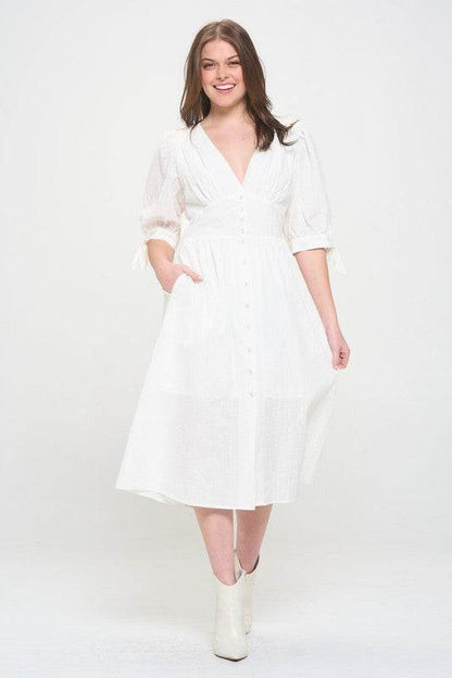 PLUS 3/4 PUFF SLV TEXTURED BUTTON DOWN MIDI DRESS - Shop Style & More | Fresh Looks, Everyday Deals & Free Shipping