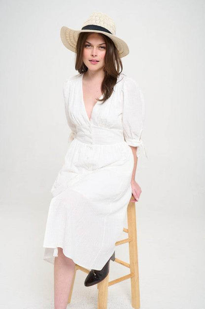 PLUS 3/4 PUFF SLV TEXTURED BUTTON DOWN MIDI DRESS - Shop Style & More | Fresh Looks, Everyday Deals & Free Shipping
